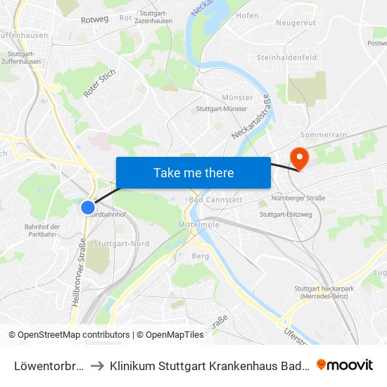 Löwentorbrücke to Klinikum Stuttgart Krankenhaus Bad Cannstatt map