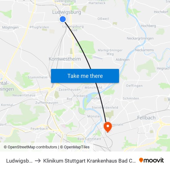 Ludwigsburg to Klinikum Stuttgart Krankenhaus Bad Cannstatt map