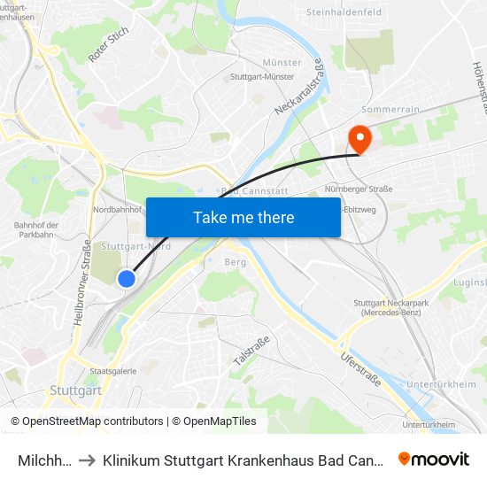 Milchhof to Klinikum Stuttgart Krankenhaus Bad Cannstatt map