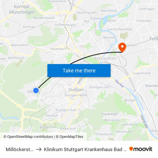 Millöckerstraße to Klinikum Stuttgart Krankenhaus Bad Cannstatt map