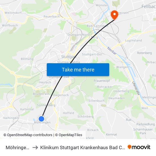 Möhringen Bf to Klinikum Stuttgart Krankenhaus Bad Cannstatt map