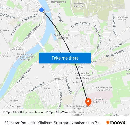 Münster Rathaus to Klinikum Stuttgart Krankenhaus Bad Cannstatt map