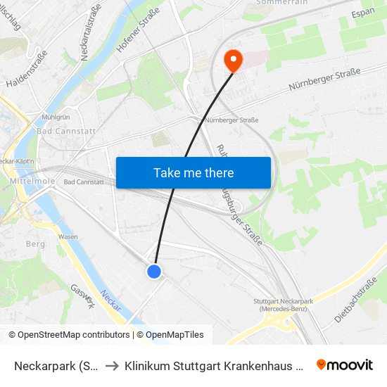 Neckarpark (Stadion) to Klinikum Stuttgart Krankenhaus Bad Cannstatt map