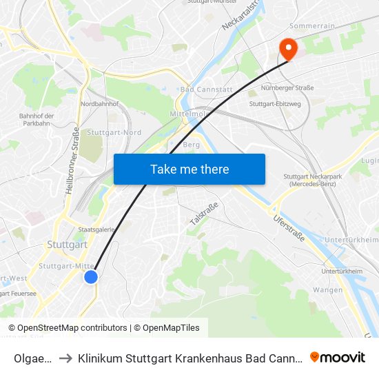 Olgaeck to Klinikum Stuttgart Krankenhaus Bad Cannstatt map