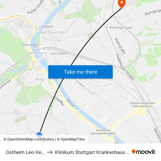 Ostheim Leo-Vetter-Bad to Klinikum Stuttgart Krankenhaus Bad Cannstatt map