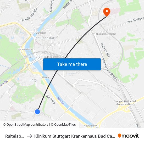 Raitelsberg to Klinikum Stuttgart Krankenhaus Bad Cannstatt map