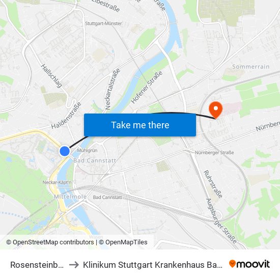 Rosensteinbrücke to Klinikum Stuttgart Krankenhaus Bad Cannstatt map