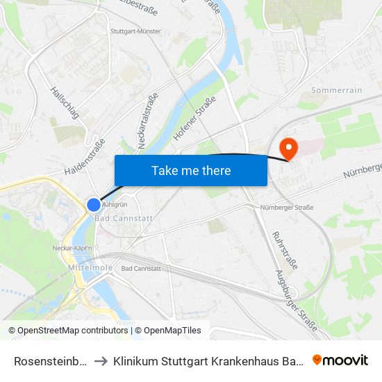 Rosensteinbrücke to Klinikum Stuttgart Krankenhaus Bad Cannstatt map