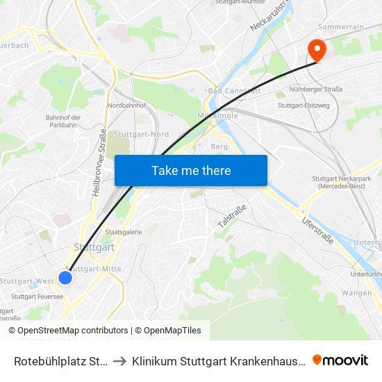 Rotebühlplatz Stadtmitte to Klinikum Stuttgart Krankenhaus Bad Cannstatt map