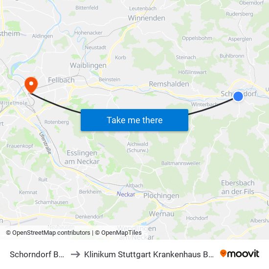 Schorndorf Bahnhof to Klinikum Stuttgart Krankenhaus Bad Cannstatt map