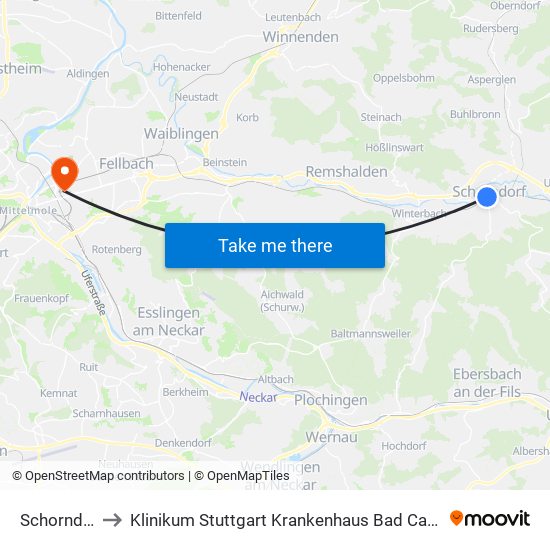 Schorndorf to Klinikum Stuttgart Krankenhaus Bad Cannstatt map