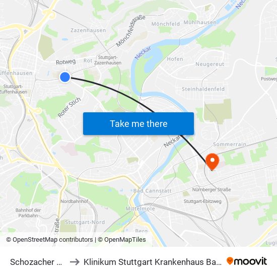 Schozacher Straße to Klinikum Stuttgart Krankenhaus Bad Cannstatt map