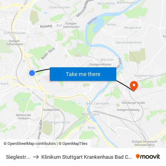 Sieglestraße to Klinikum Stuttgart Krankenhaus Bad Cannstatt map