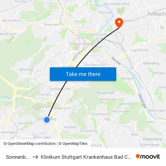 Sonnenberg to Klinikum Stuttgart Krankenhaus Bad Cannstatt map