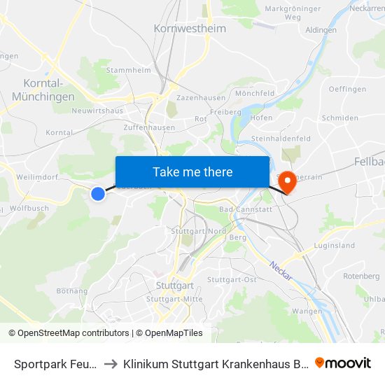 Sportpark Feuerbach to Klinikum Stuttgart Krankenhaus Bad Cannstatt map