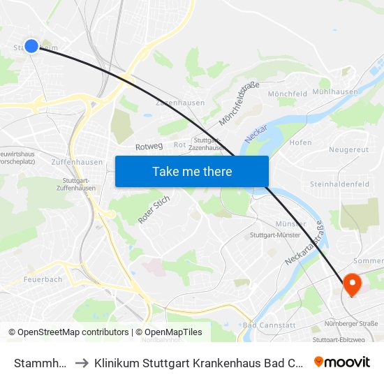 Stammheim to Klinikum Stuttgart Krankenhaus Bad Cannstatt map