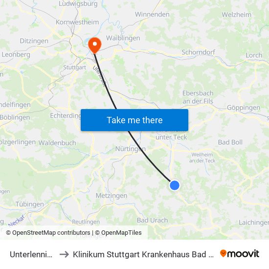 Unterlenningen to Klinikum Stuttgart Krankenhaus Bad Cannstatt map