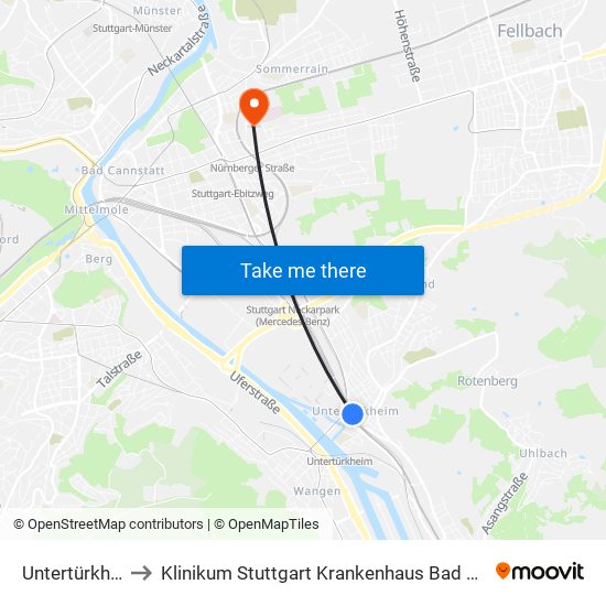 Untertürkheim to Klinikum Stuttgart Krankenhaus Bad Cannstatt map