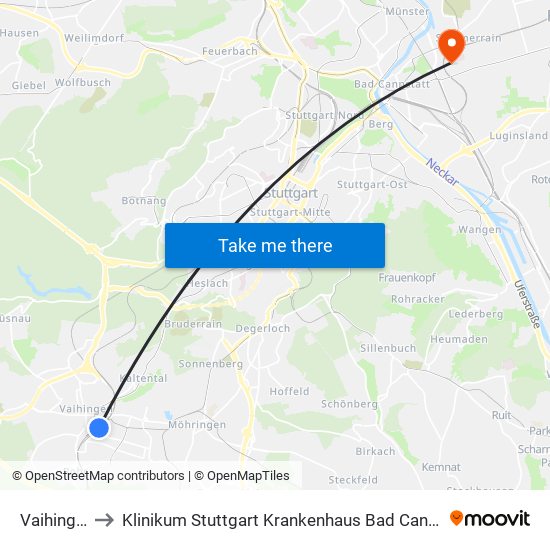 Vaihingen to Klinikum Stuttgart Krankenhaus Bad Cannstatt map