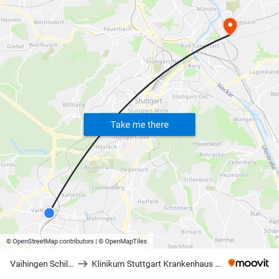 Vaihingen Schillerplatz to Klinikum Stuttgart Krankenhaus Bad Cannstatt map