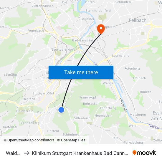 Waldau to Klinikum Stuttgart Krankenhaus Bad Cannstatt map