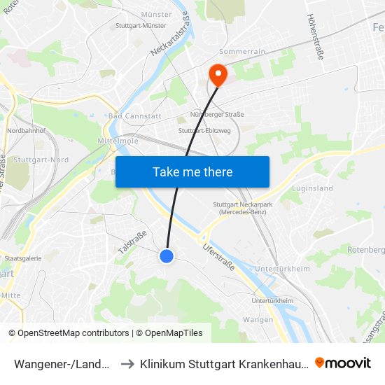 Wangener-/Landhausstraße to Klinikum Stuttgart Krankenhaus Bad Cannstatt map