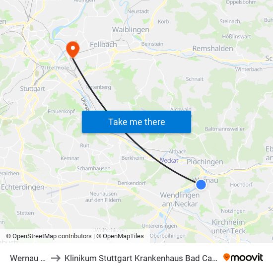 Wernau (N) to Klinikum Stuttgart Krankenhaus Bad Cannstatt map