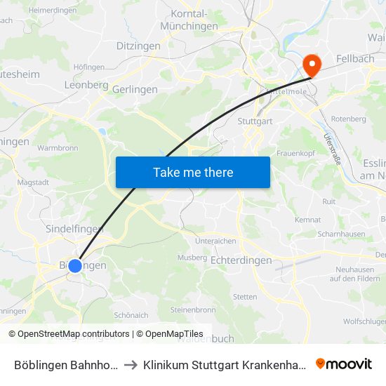 Böblingen Bahnhof (Flugfeld) to Klinikum Stuttgart Krankenhaus Bad Cannstatt map