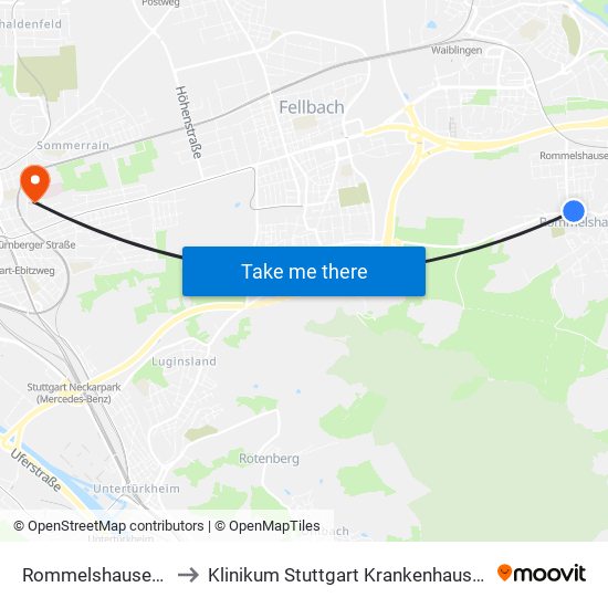 Rommelshausen Karlstr. to Klinikum Stuttgart Krankenhaus Bad Cannstatt map