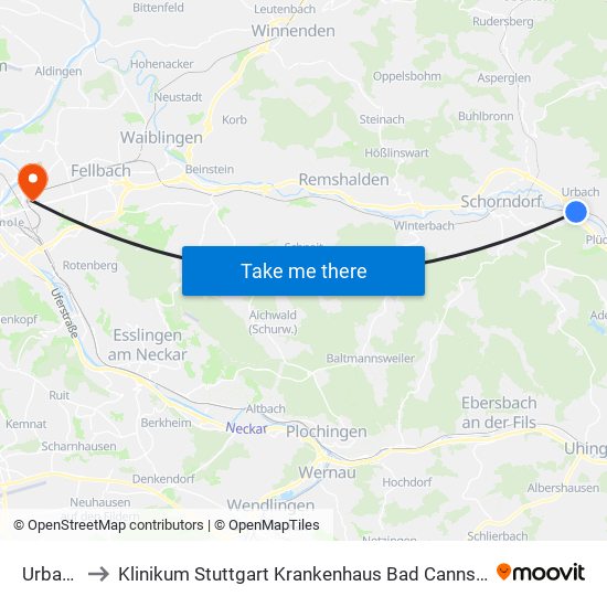 Urbach to Klinikum Stuttgart Krankenhaus Bad Cannstatt map