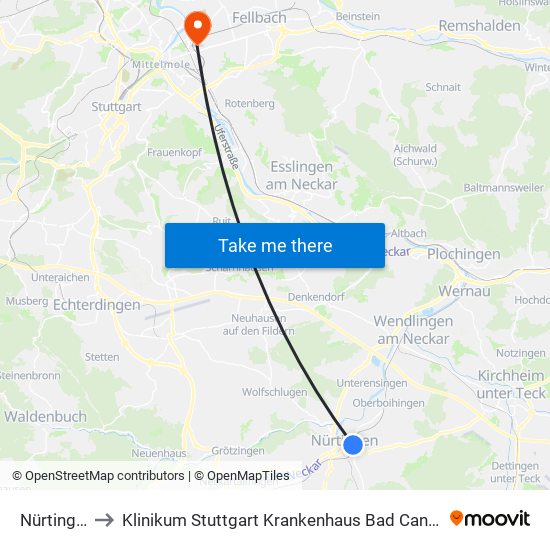 Nürtingen to Klinikum Stuttgart Krankenhaus Bad Cannstatt map