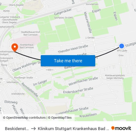 Beskidenstraße to Klinikum Stuttgart Krankenhaus Bad Cannstatt map