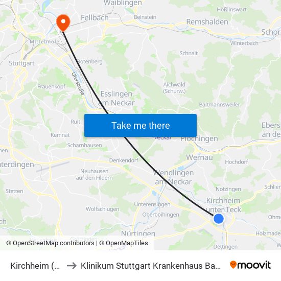 Kirchheim (Teck) to Klinikum Stuttgart Krankenhaus Bad Cannstatt map