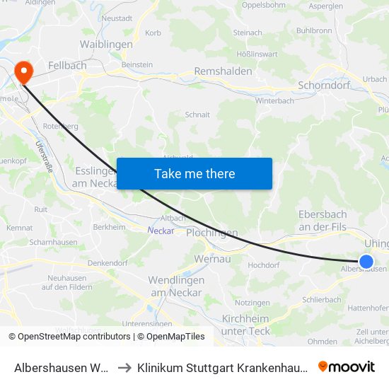 Albershausen Waldeckstr. to Klinikum Stuttgart Krankenhaus Bad Cannstatt map