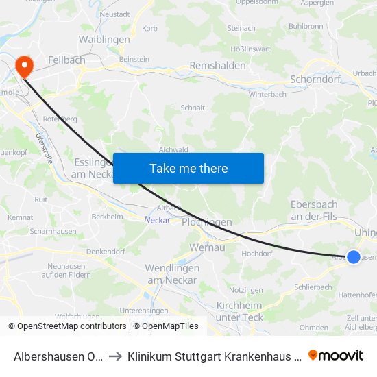 Albershausen Ortsmitte to Klinikum Stuttgart Krankenhaus Bad Cannstatt map