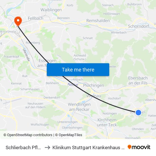 Schlierbach Pflegeheim to Klinikum Stuttgart Krankenhaus Bad Cannstatt map