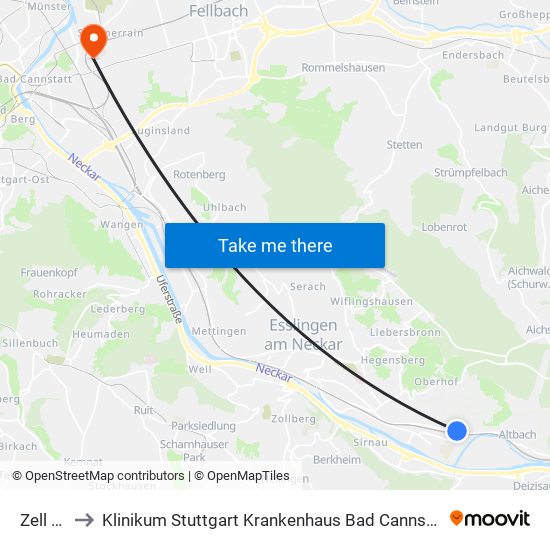 Zell Bf to Klinikum Stuttgart Krankenhaus Bad Cannstatt map