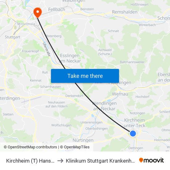 Kirchheim (T) Hans-Thoma-Weg to Klinikum Stuttgart Krankenhaus Bad Cannstatt map