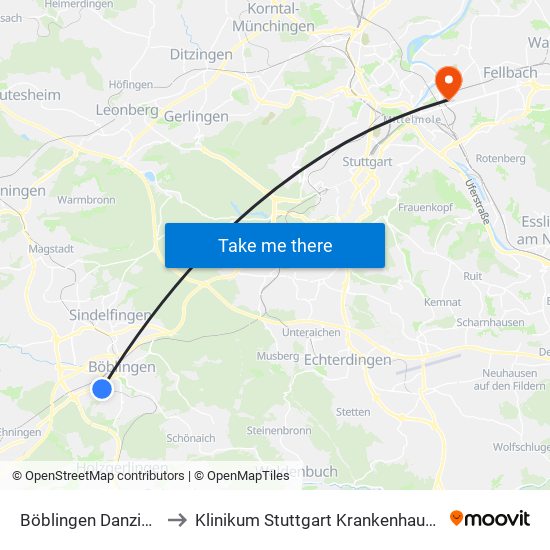 Böblingen Danziger Straße to Klinikum Stuttgart Krankenhaus Bad Cannstatt map