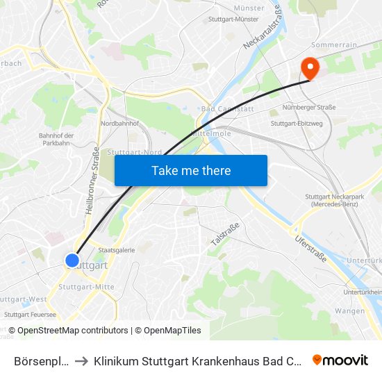 Börsenplatz to Klinikum Stuttgart Krankenhaus Bad Cannstatt map