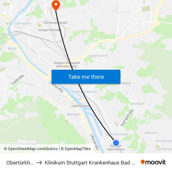 Obertürkheim to Klinikum Stuttgart Krankenhaus Bad Cannstatt map