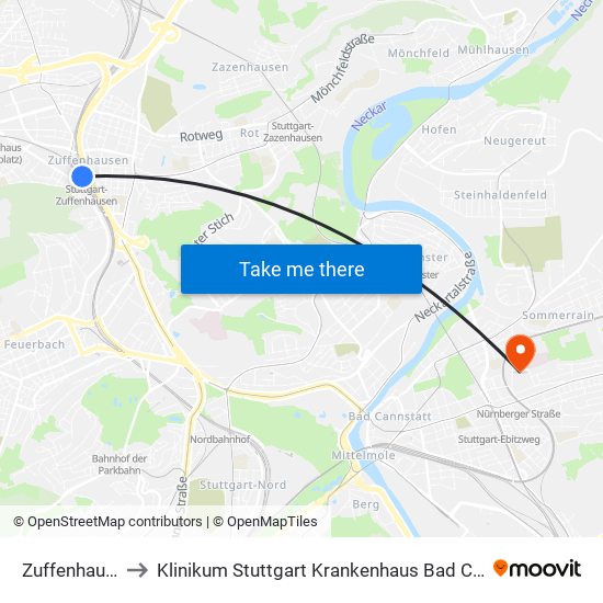 Zuffenhausen to Klinikum Stuttgart Krankenhaus Bad Cannstatt map