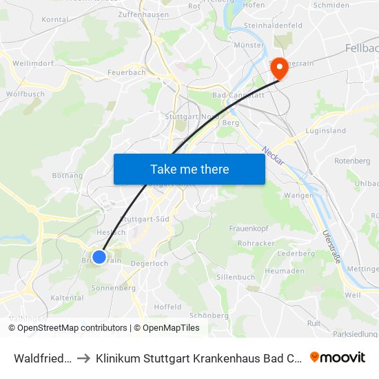 Waldfriedhof to Klinikum Stuttgart Krankenhaus Bad Cannstatt map