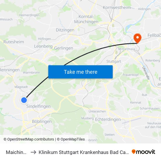 Maichingen to Klinikum Stuttgart Krankenhaus Bad Cannstatt map