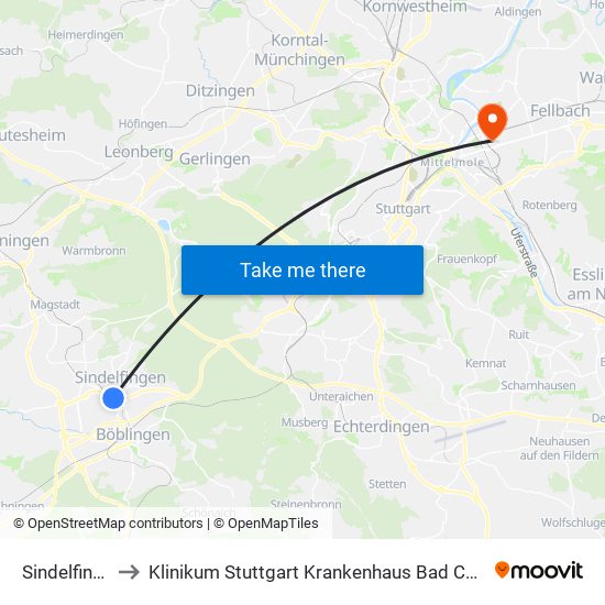 Sindelfingen to Klinikum Stuttgart Krankenhaus Bad Cannstatt map