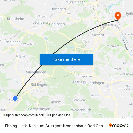 Ehningen to Klinikum Stuttgart Krankenhaus Bad Cannstatt map