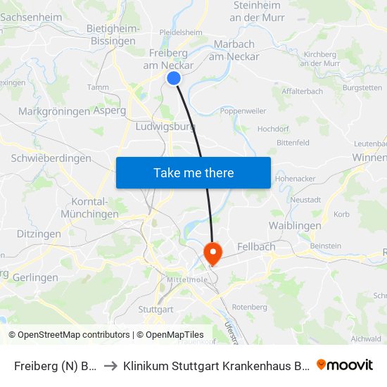 Freiberg (N) Bahnhof to Klinikum Stuttgart Krankenhaus Bad Cannstatt map