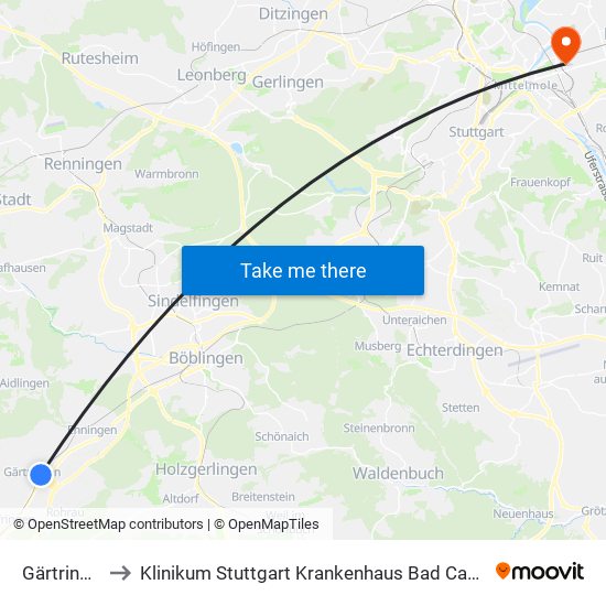 Gärtringen to Klinikum Stuttgart Krankenhaus Bad Cannstatt map