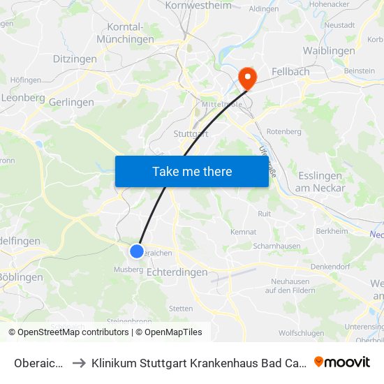 Oberaichen to Klinikum Stuttgart Krankenhaus Bad Cannstatt map