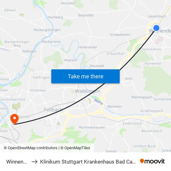 Winnenden to Klinikum Stuttgart Krankenhaus Bad Cannstatt map